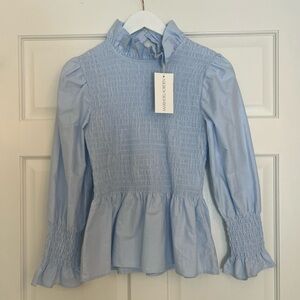 Maria de la Orden Light Blue Smocked Long Sleeve Blouse Small New